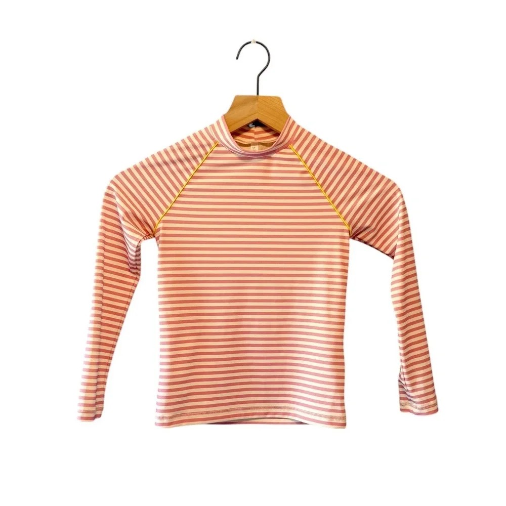Mini Boden Girls Pink White Striped Sun-Safe Rash Guard UPF 40+ Long Sleeve 6-7Y